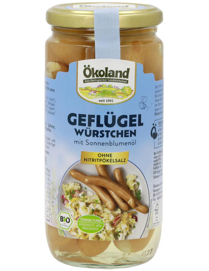 Ökoland Drůbeží párky ve slunečnicovém oleji sklo BIO 380g