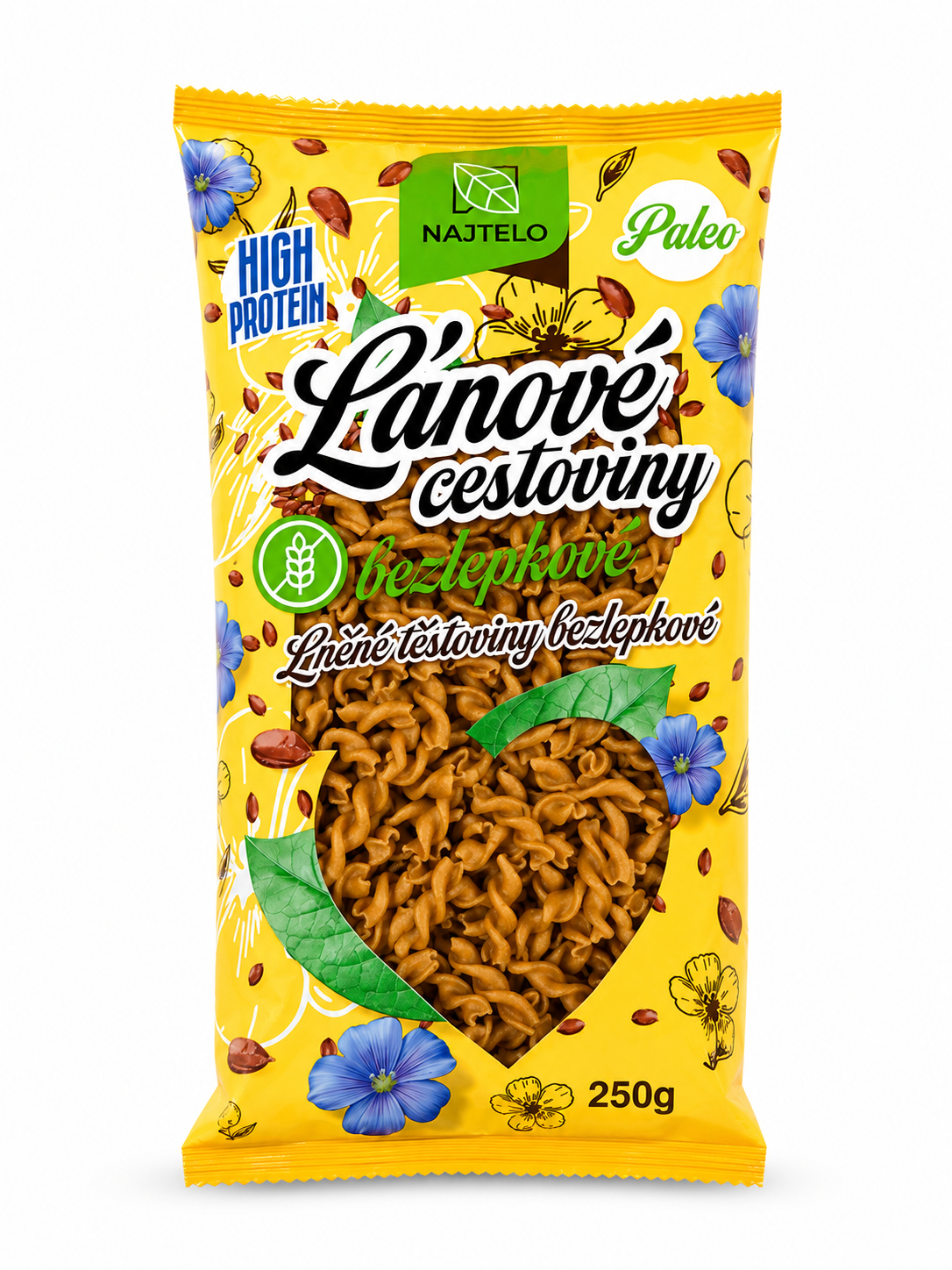 Najtělo žluté lněné těstoviny vřetena 250g