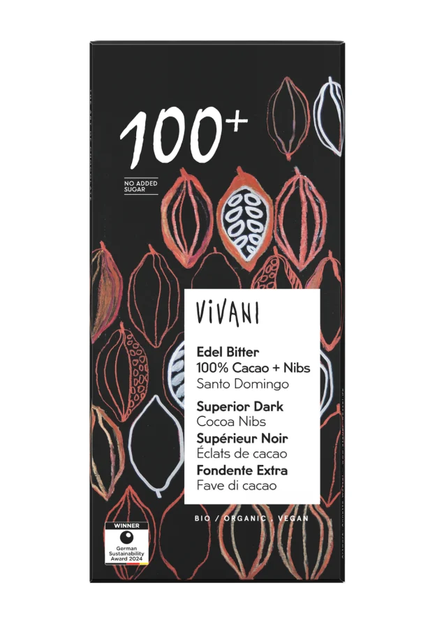 Vivani Hořká 100 % s kousky kakaa 80 g