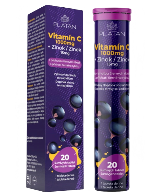 Platan Vitamín C 1000 mg + Zinek 20 šumivých tablet černý rybíz