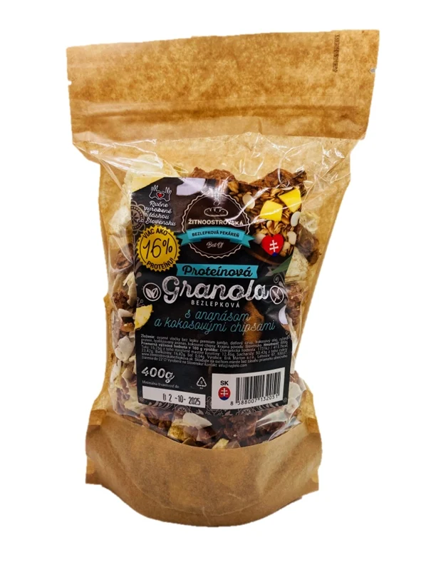 Žitnoostrovská bezlepková pekárna proteinová granola s ananasem a kokosovými chipsy 400g