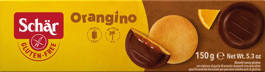 Schär Orangino jemné pečivo bezlepkové polomáčené v čokoládě s náplní s příchutí pomeranče 150 g