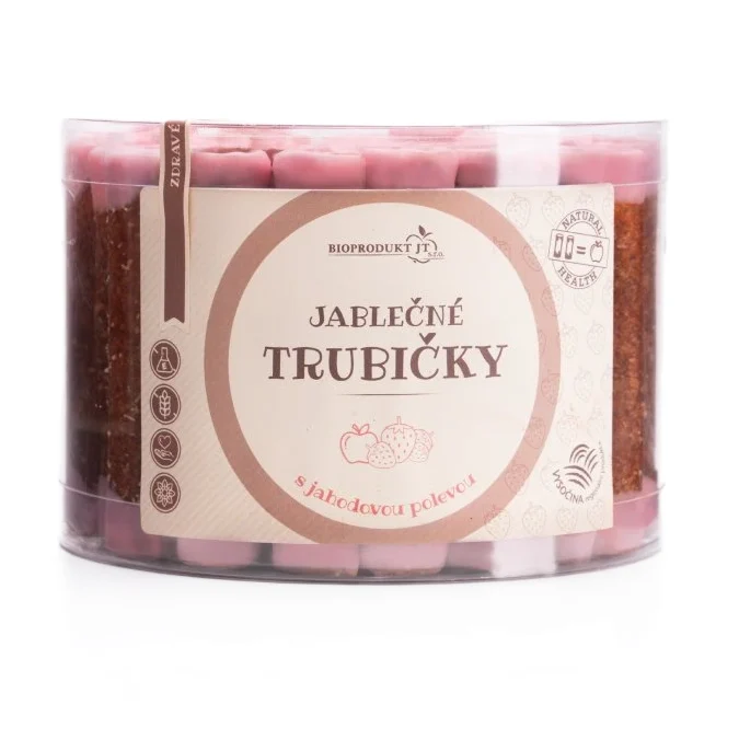BIOPRODUKT JT Jablečné trubičky s jahodovou polevou - dóza 540g