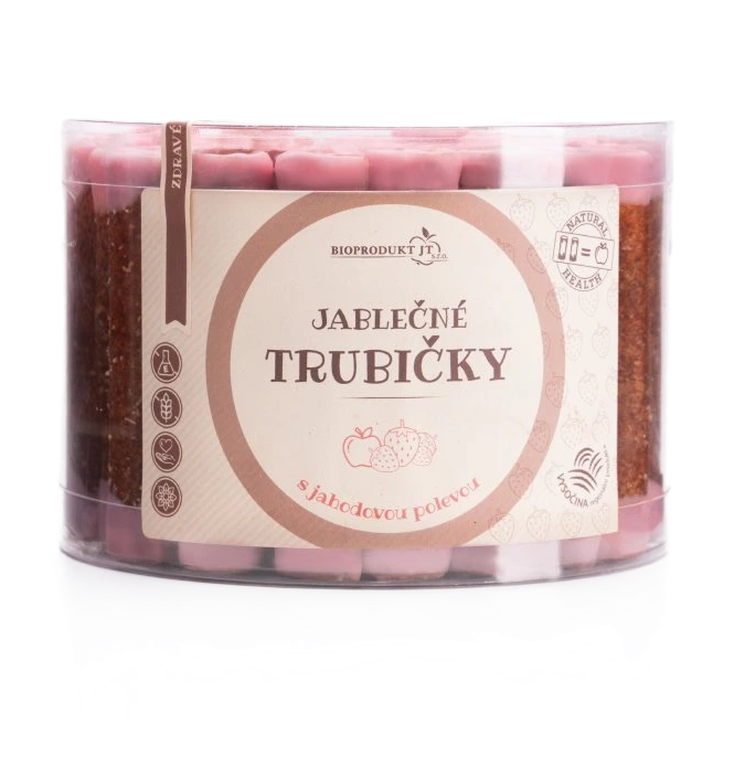 BIOPRODUKT JT Jablečné trubičky s jahodovou polevou - dóza 540g