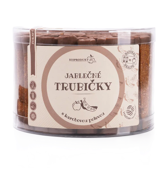 BIOPRODUKT JT Jablečné trubičky s karobovou polevou - dóza 45ks