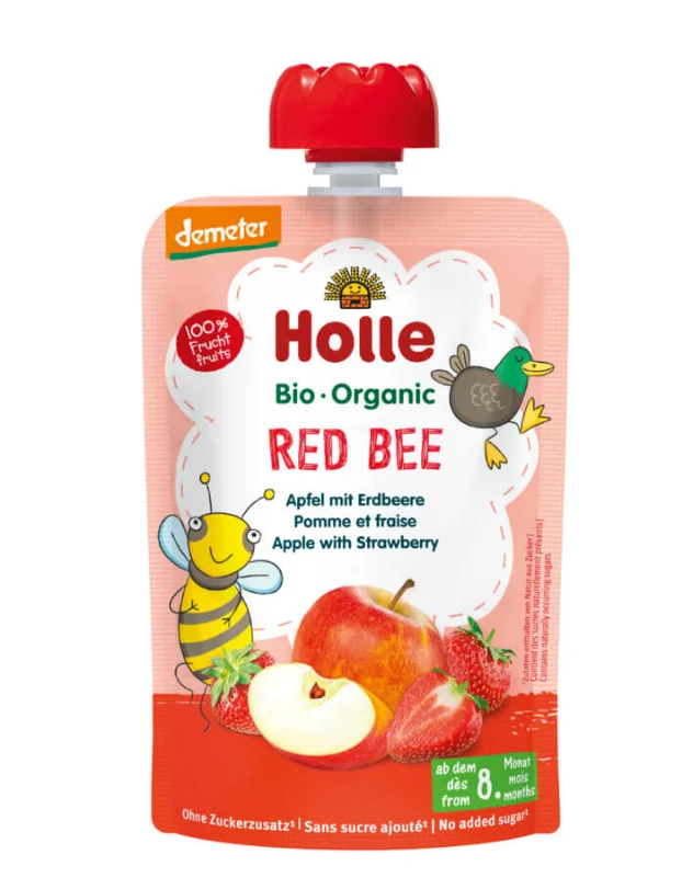 Holle Red Bee Bio pyré červená včelička – jablko a jahoda od 8. měsíce 100g