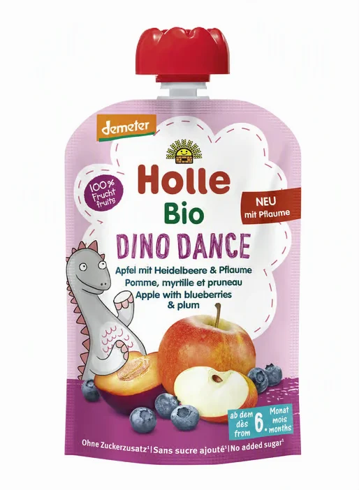 Holle Dino Dance Dětské bio pyré jablko s borůvkami a datlemi (6m+) 100g
